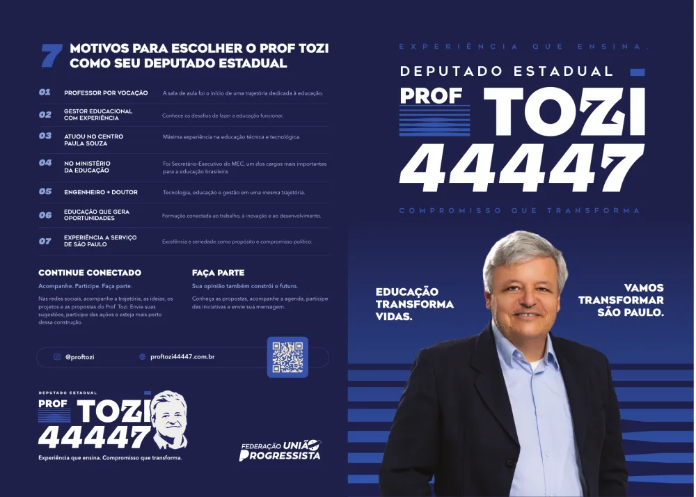 Capa do folder: 7 motivos para escolher o Prof Tozi como seu deputado estadual